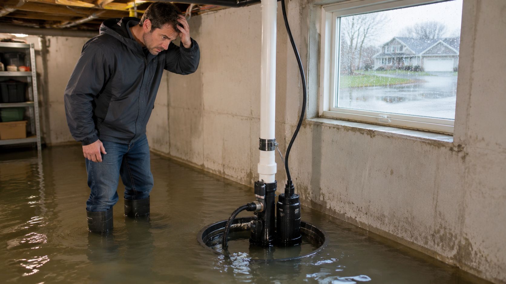 A concerned man stands in a flooded basement looking at an inactive sump pump near a window.