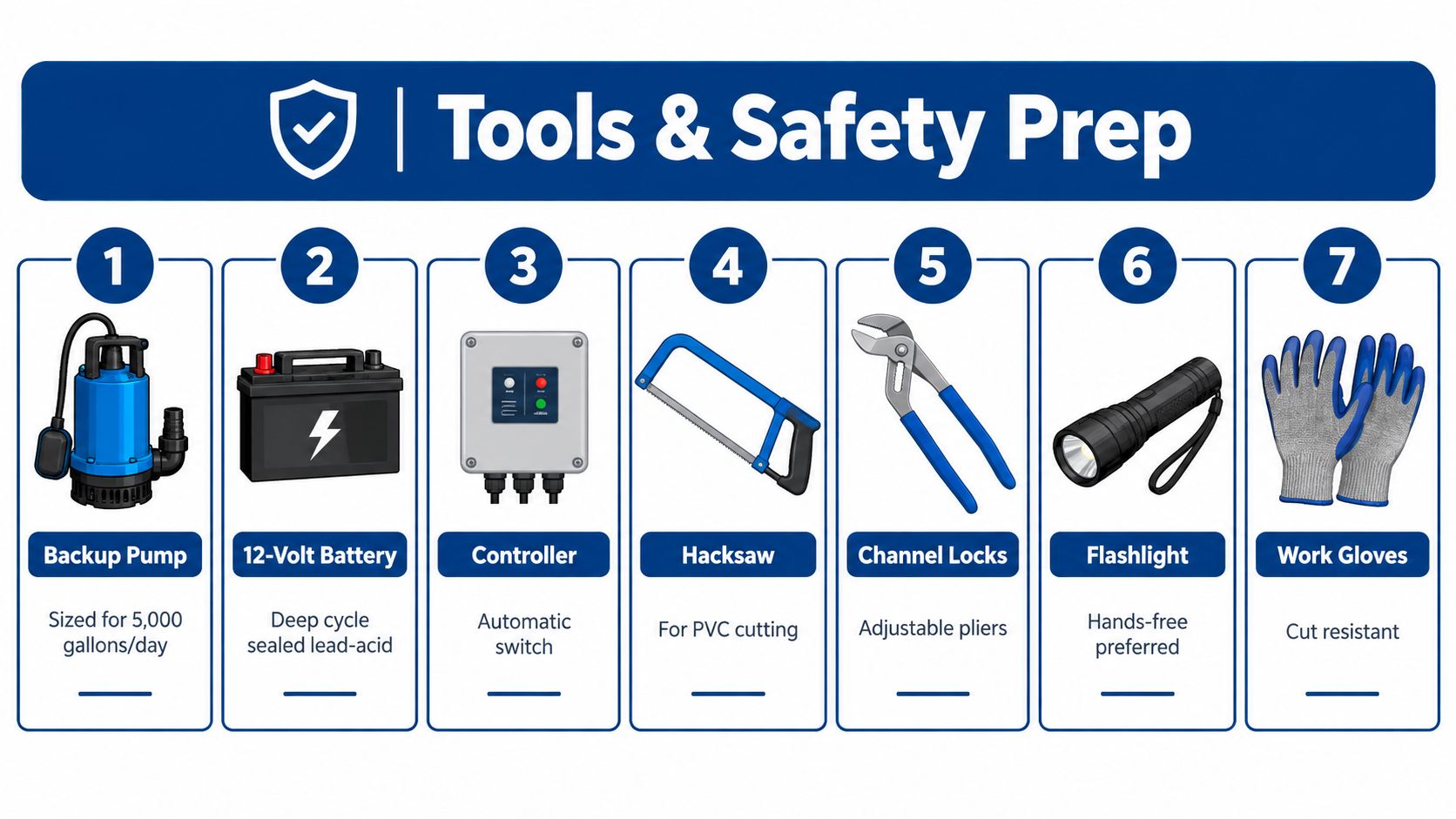 A list of seven essential tools and safety equipment items for a battery backup sump pump installation.