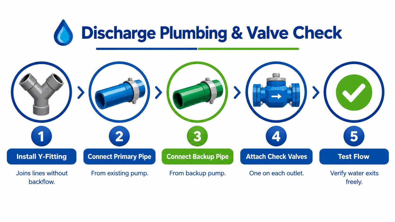 An infographic illustrating five simple steps for installing discharge plumbing and a check valve system.