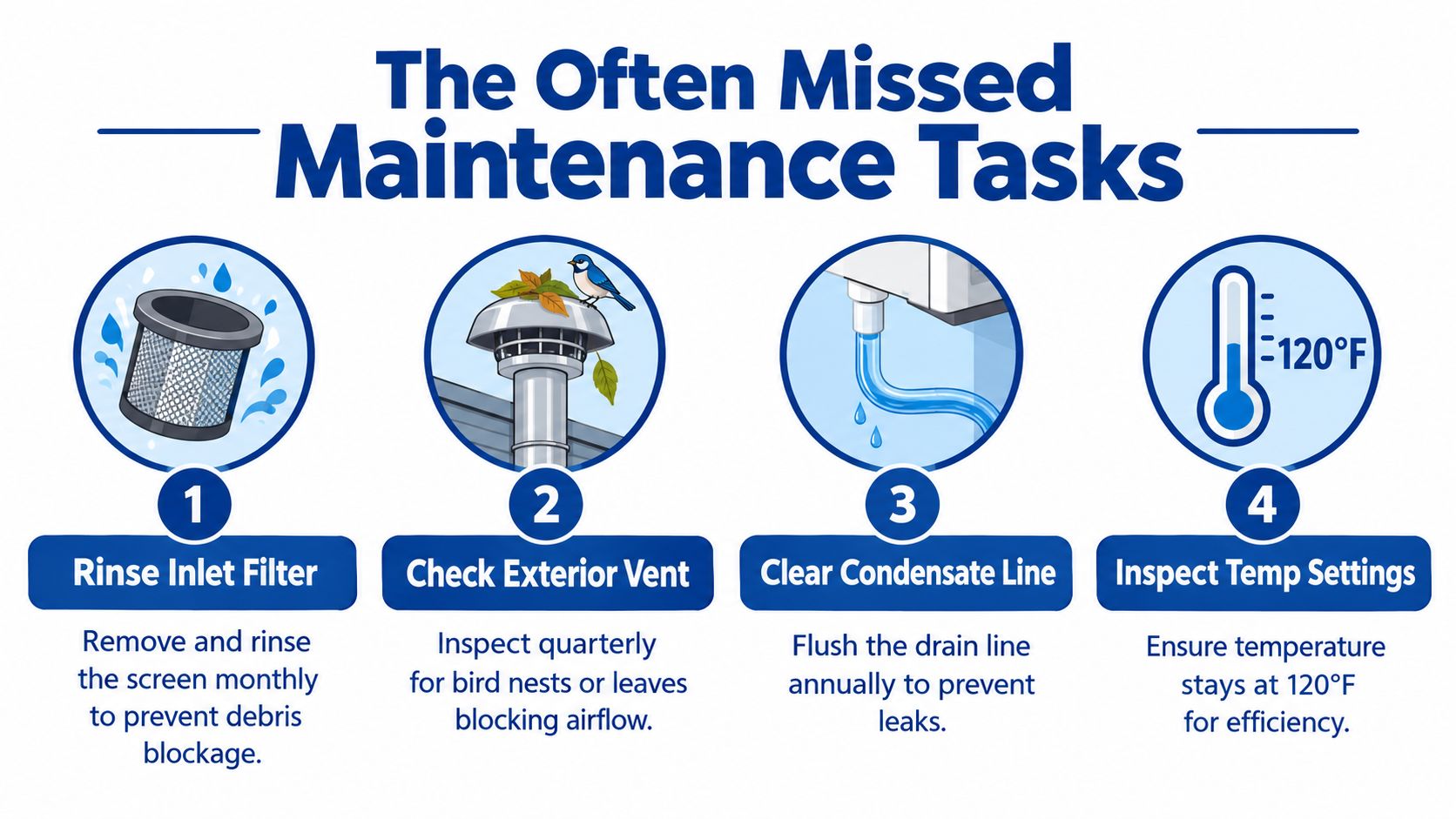 An infographic showing four essential maintenance tasks for a tankless water heater with descriptive text.