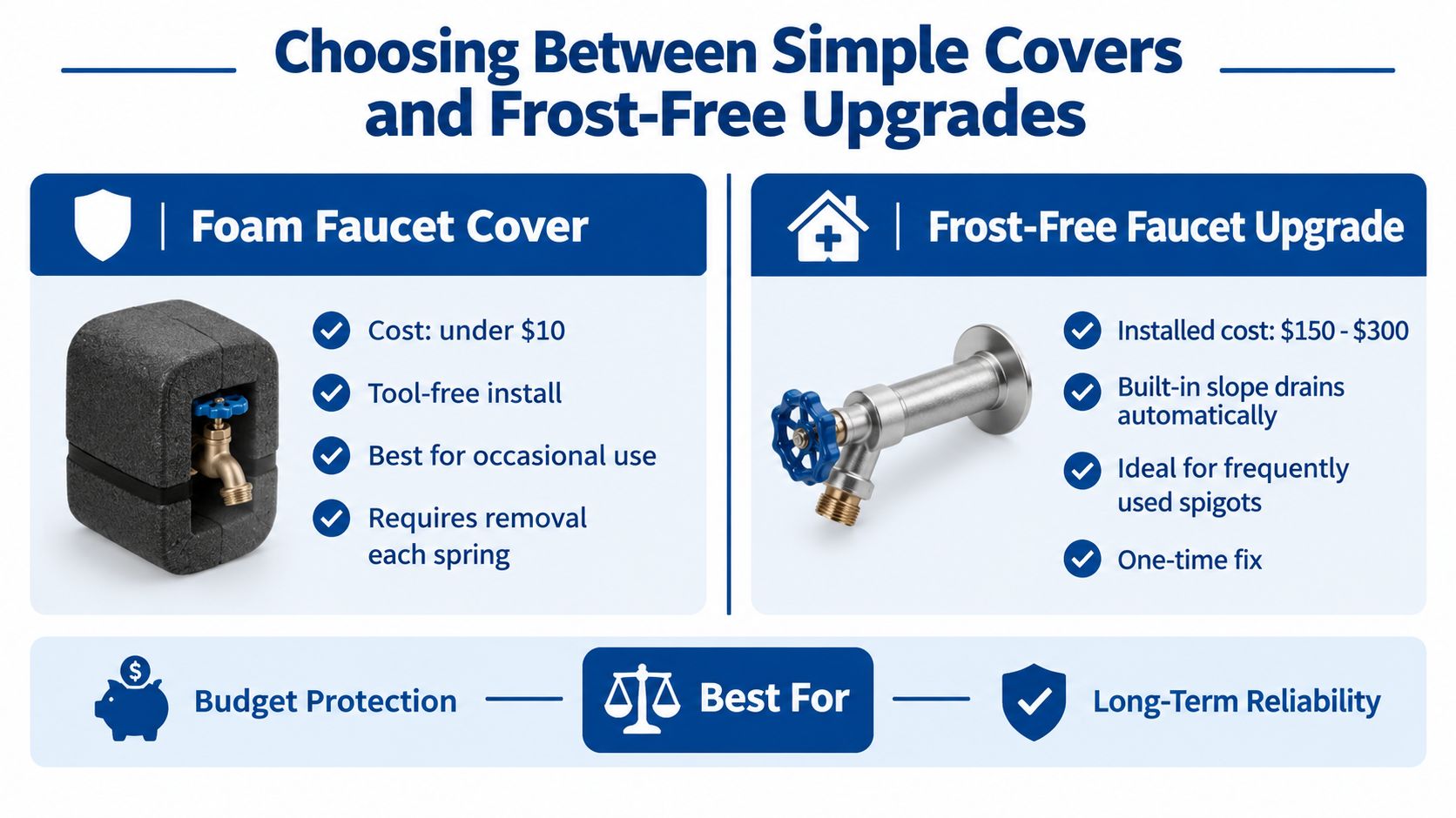 An infographic comparing the benefits and costs of using foam faucet covers versus installing frost-free faucet upgrades.