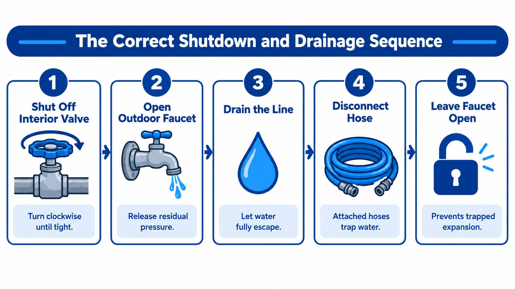 A step-by-step infographic illustrating the correct sequence for shutting down and draining outdoor faucets for winter.