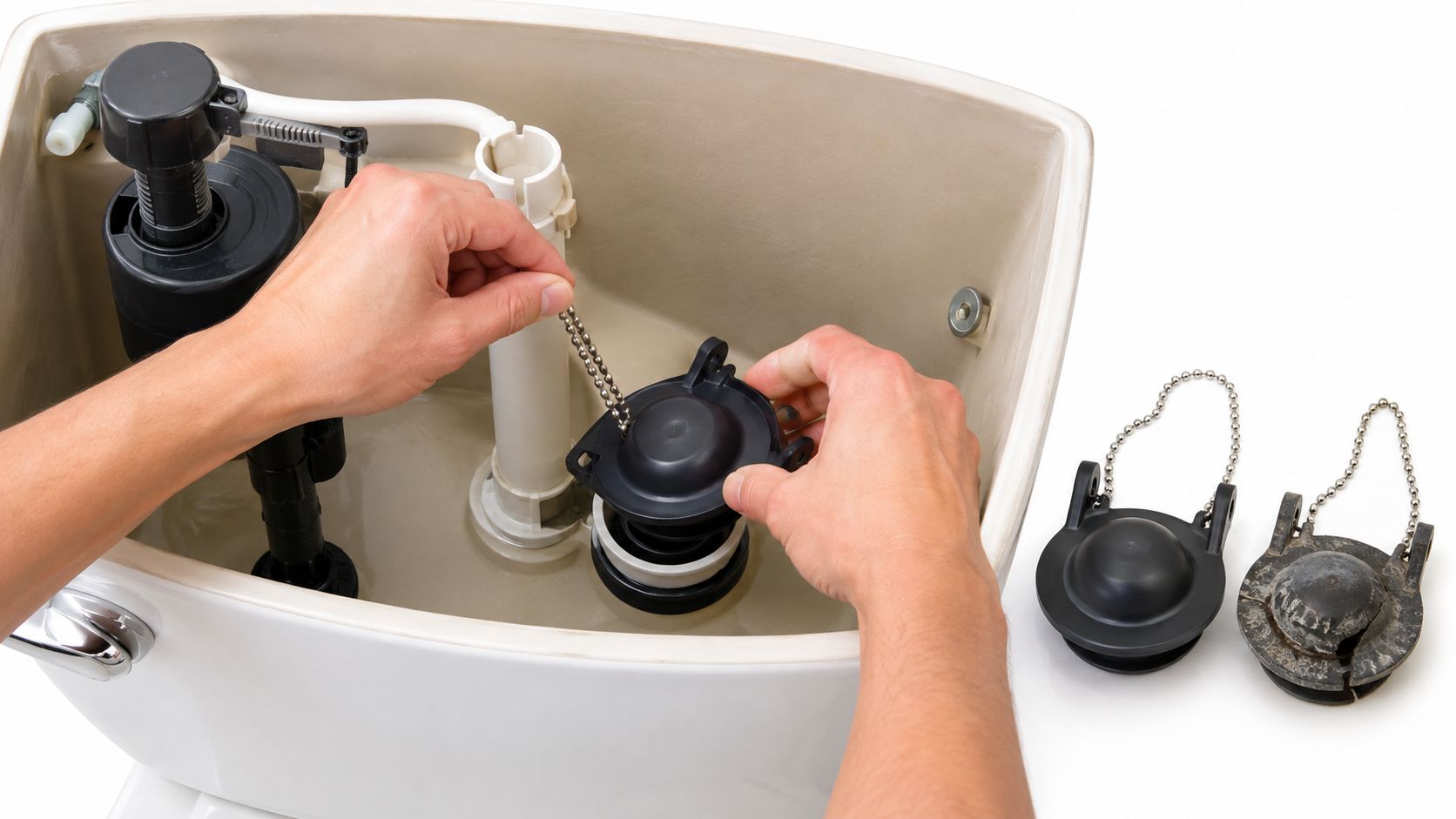 A person installing a new toilet flapper into the toilet tank while two old flappers lie nearby.