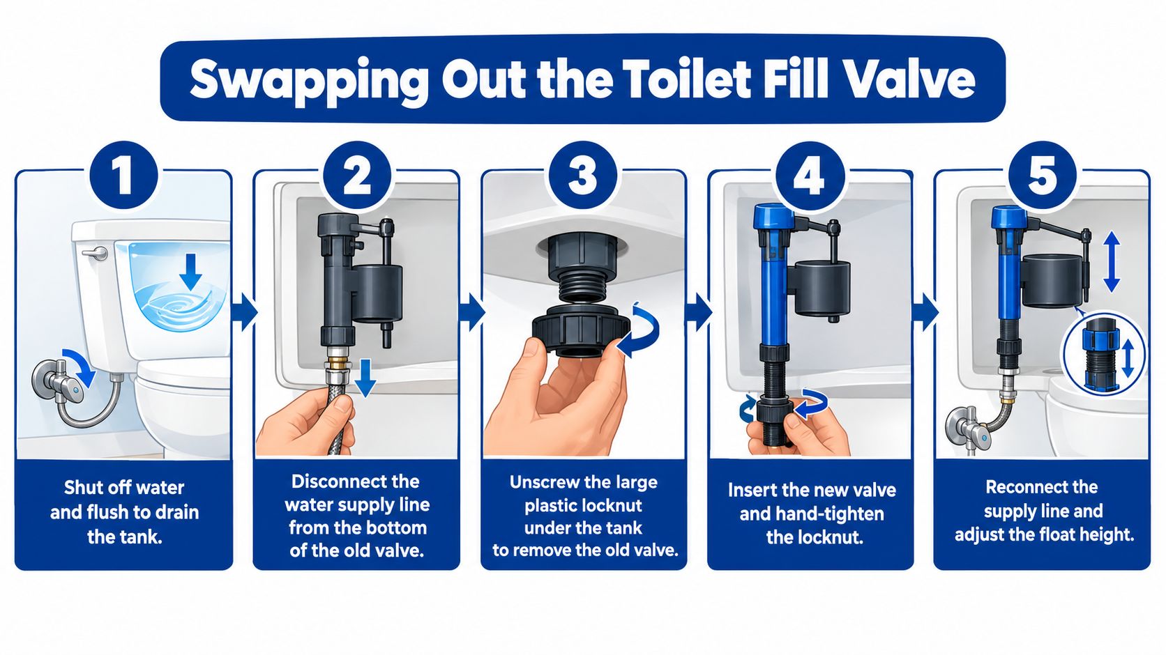 A five-step instructional graphic showing how to replace a toilet fill valve using simple hand tools.