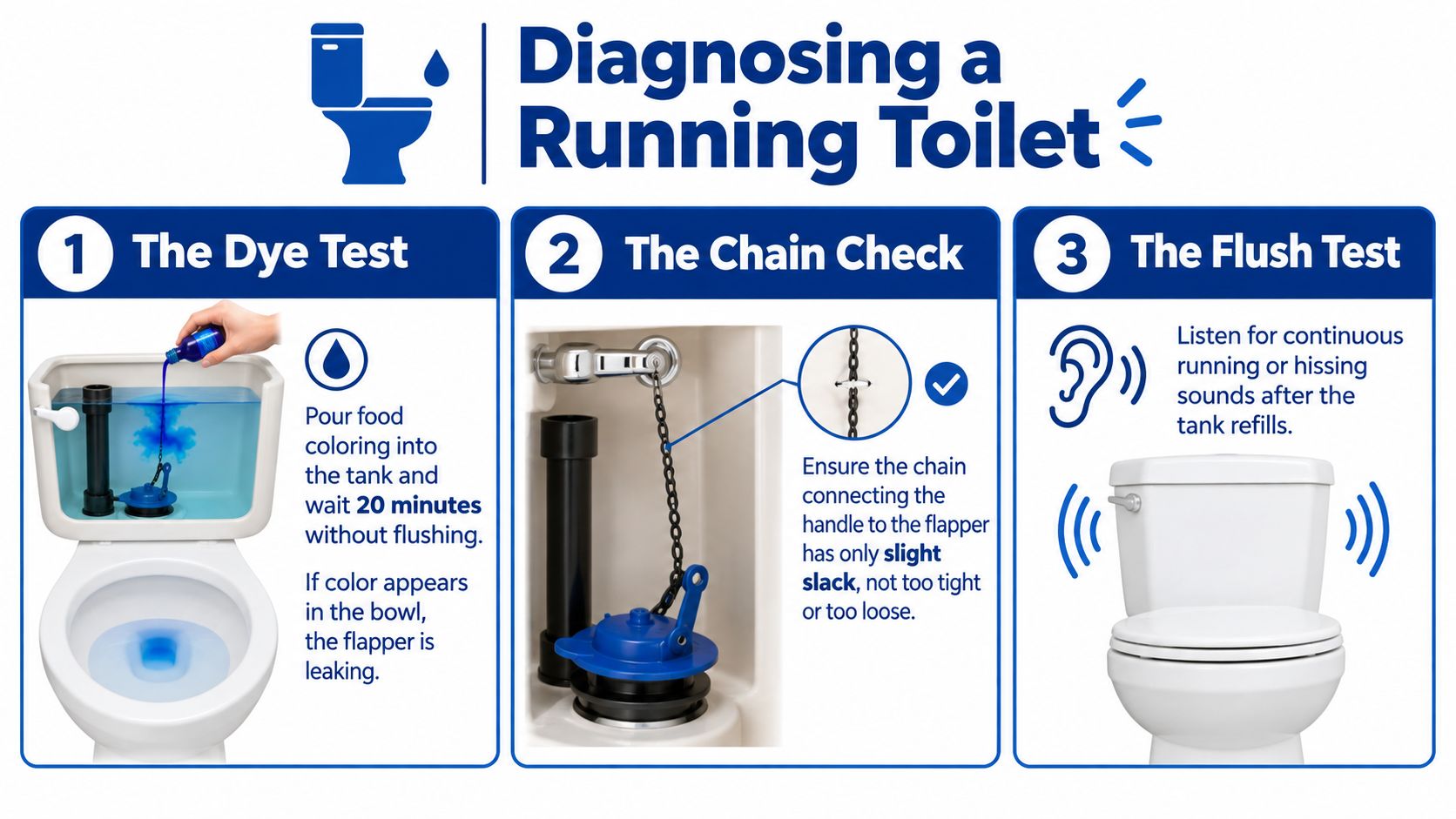 An infographic showing three easy steps to diagnose a running toilet using dye, chain, and flush tests.