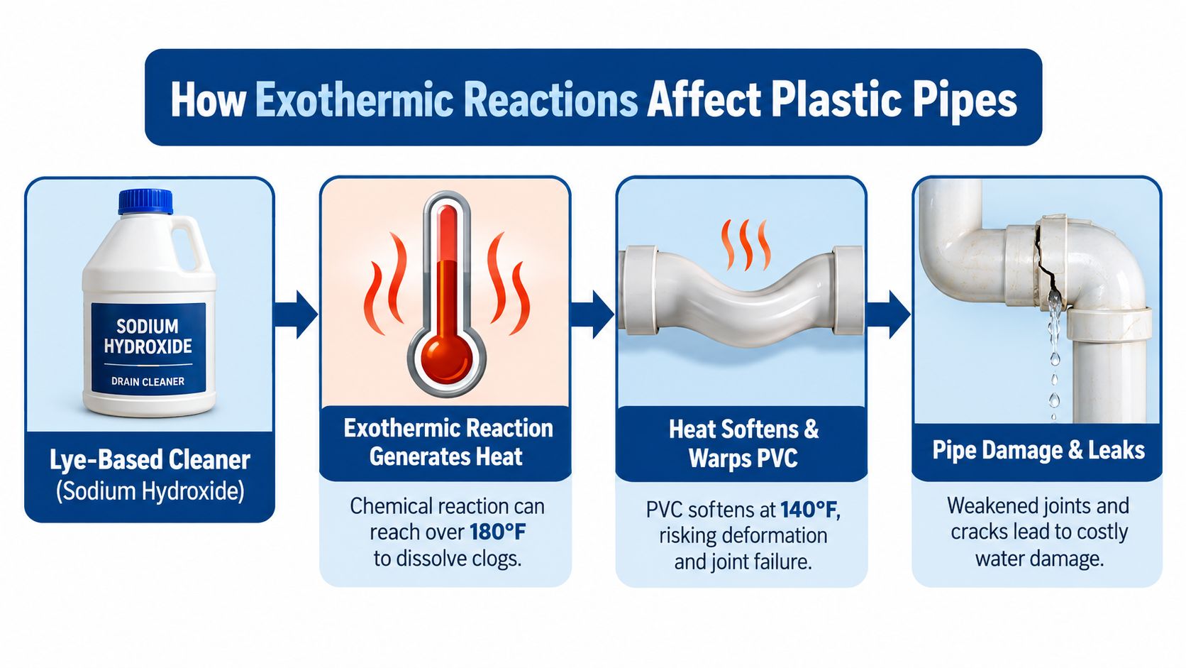 An infographic showing how exothermic reactions from lye-based drain cleaners can damage and warp PVC plastic pipes.