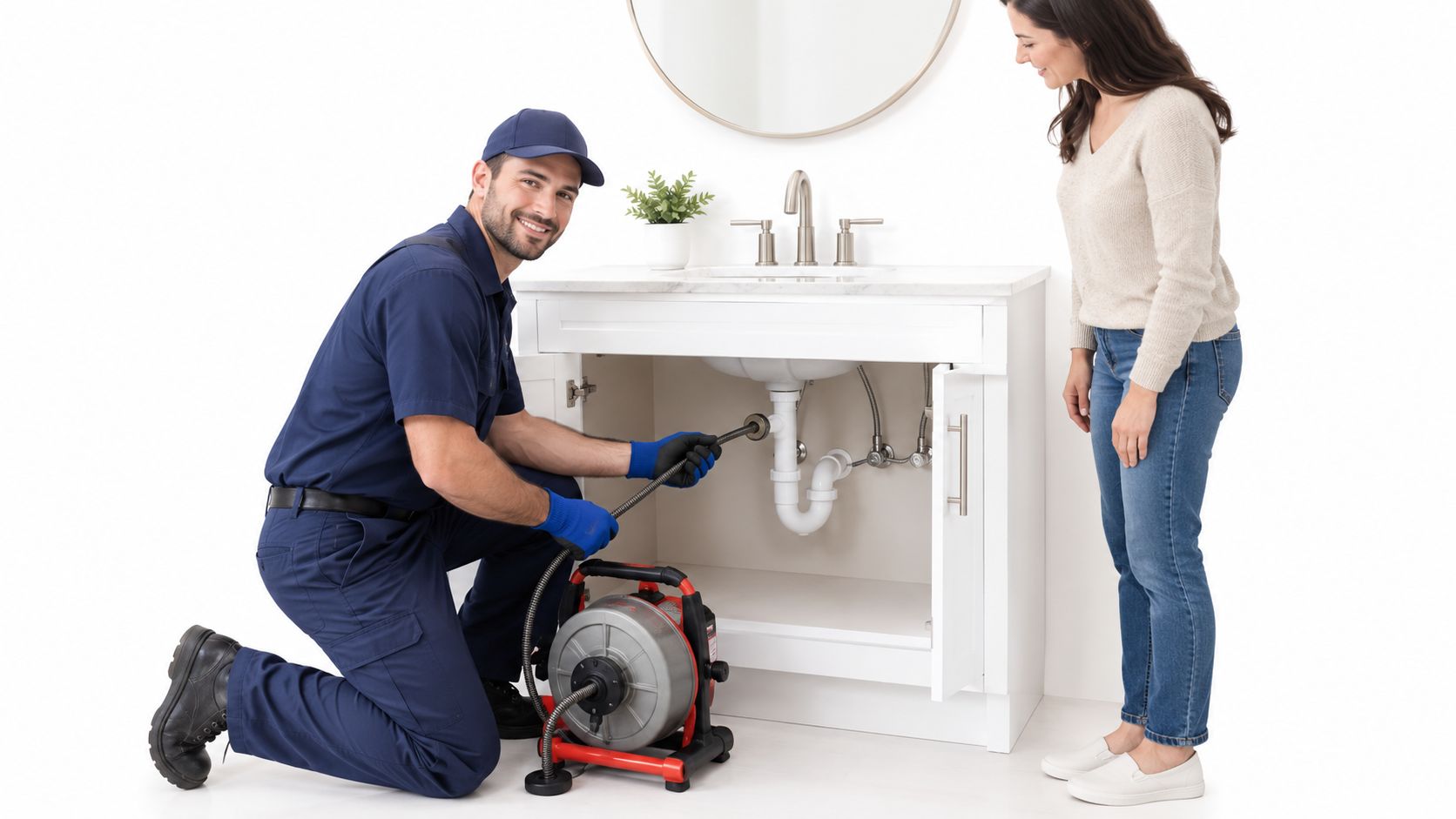 A professional plumber in a blue uniform uses a drain auger to clear a bathroom sink pipe.