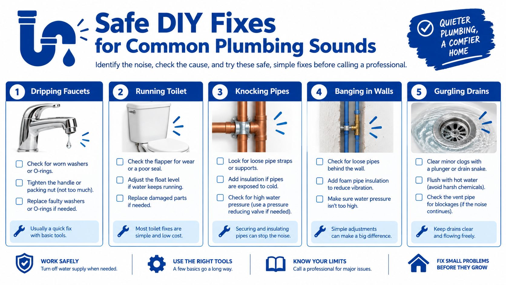 An infographic titled Safe DIY Fixes for Common Plumbing Sounds showing solutions for household plumbing noise problems.