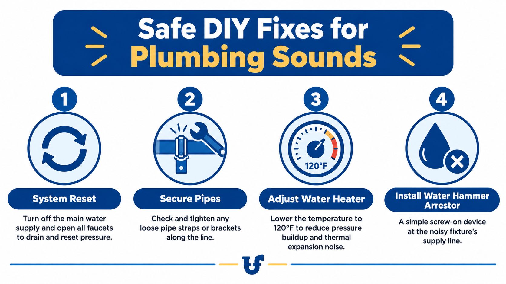 An infographic showing four safe DIY methods to fix noisy plumbing and water pipe sounds at home.