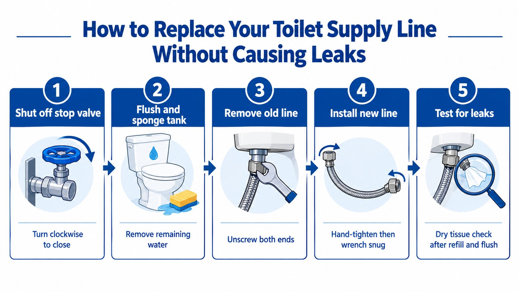 An infographic showing five simple steps to replace a toilet water supply line without causing leaks.