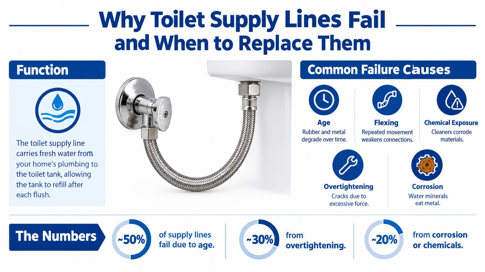 An infographic explaining the common causes for toilet supply line failure and the importance of timely replacement.