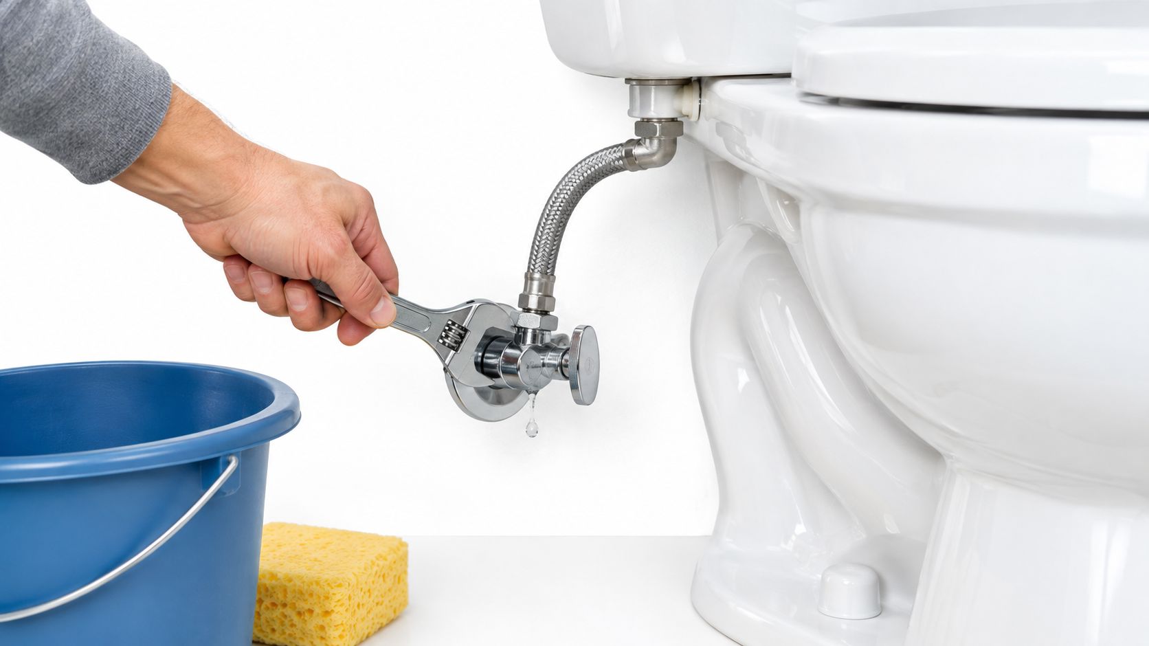 A person uses an adjustable wrench to loosen a toilet water supply line connection valve.