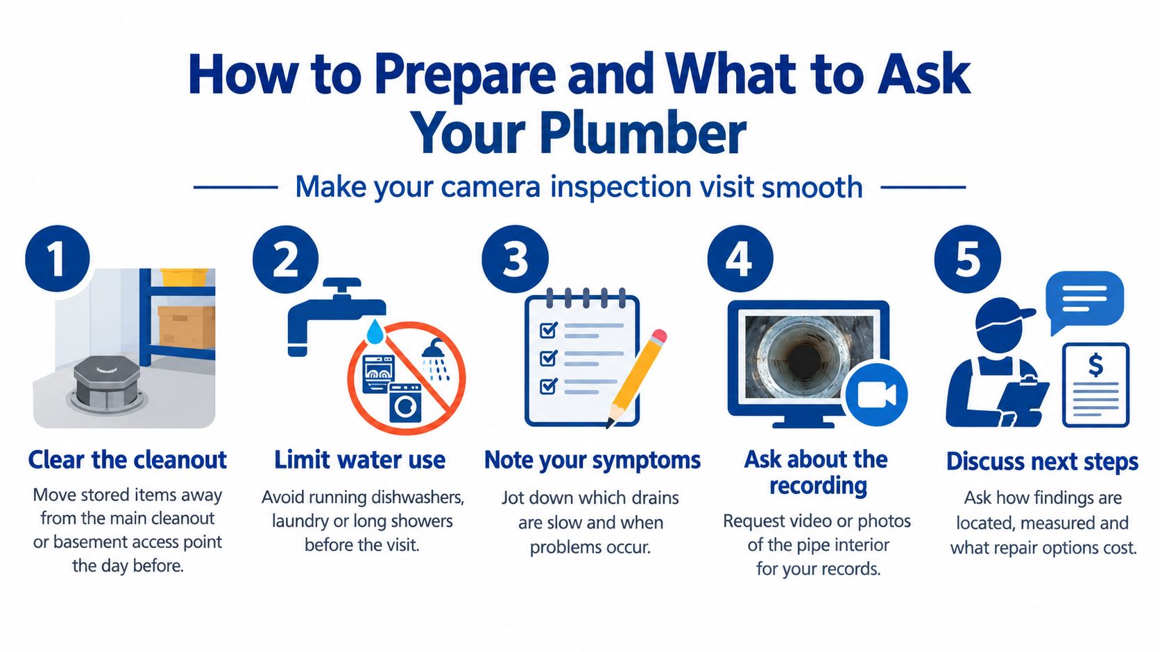 An infographic titled How to Prepare and What to Ask Your Plumber for a sewer camera inspection.