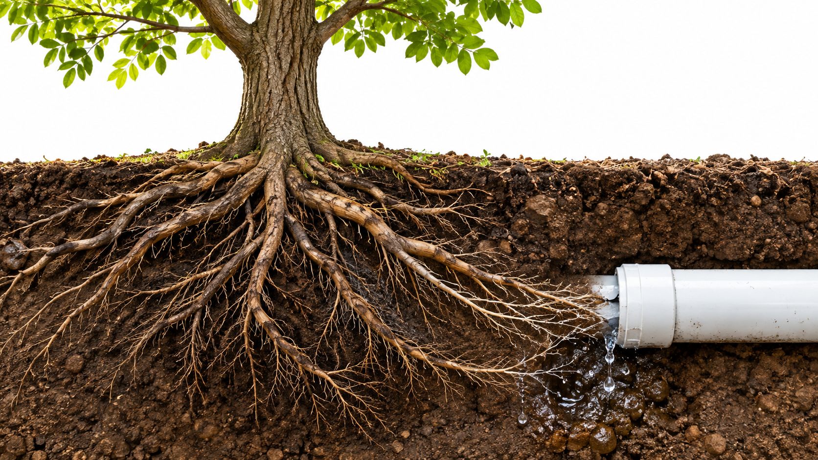 A cross-section illustration showing tree roots penetrating a white sewer pipe buried underground in the soil.