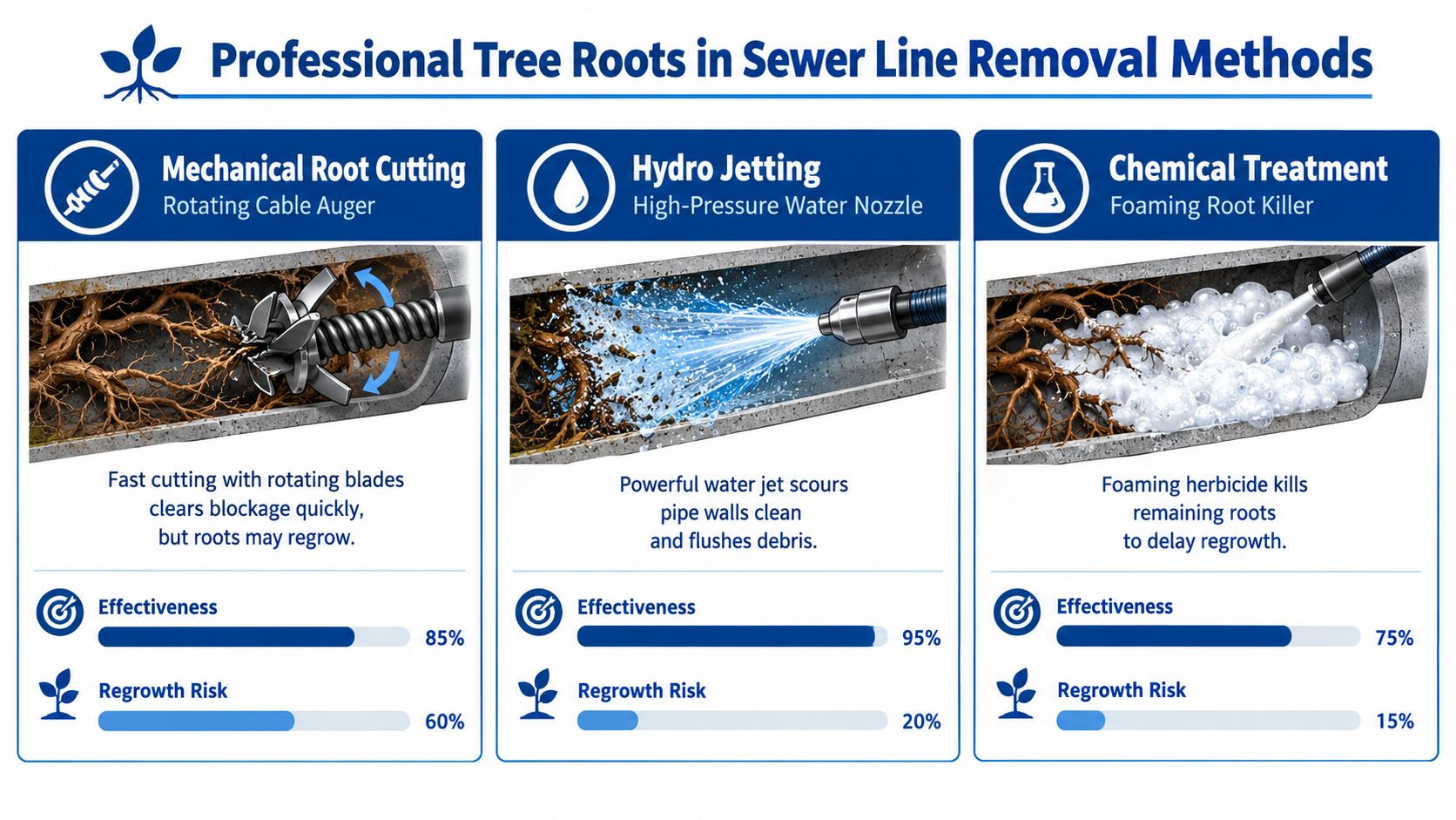 A professional infographic comparing three methods for removing tree roots from sewer lines: cutting, jetting, and chemicals.