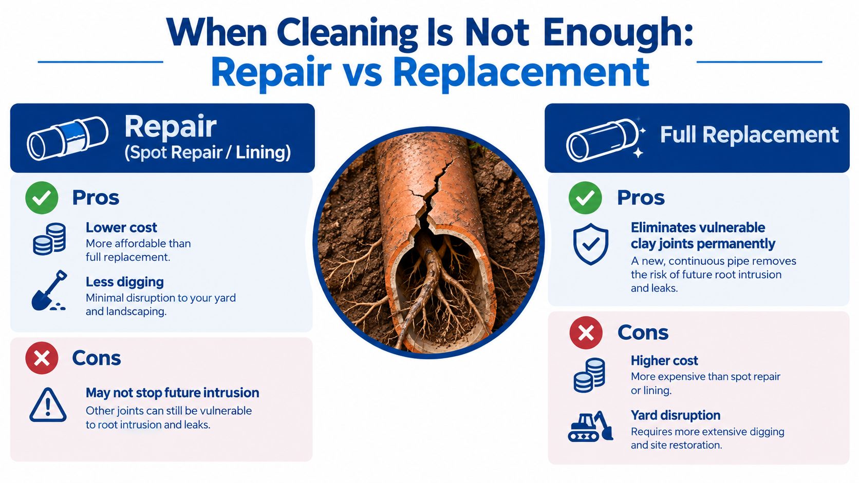 A comparison chart showing the pros and cons of sewer pipe repair versus full pipe replacement.