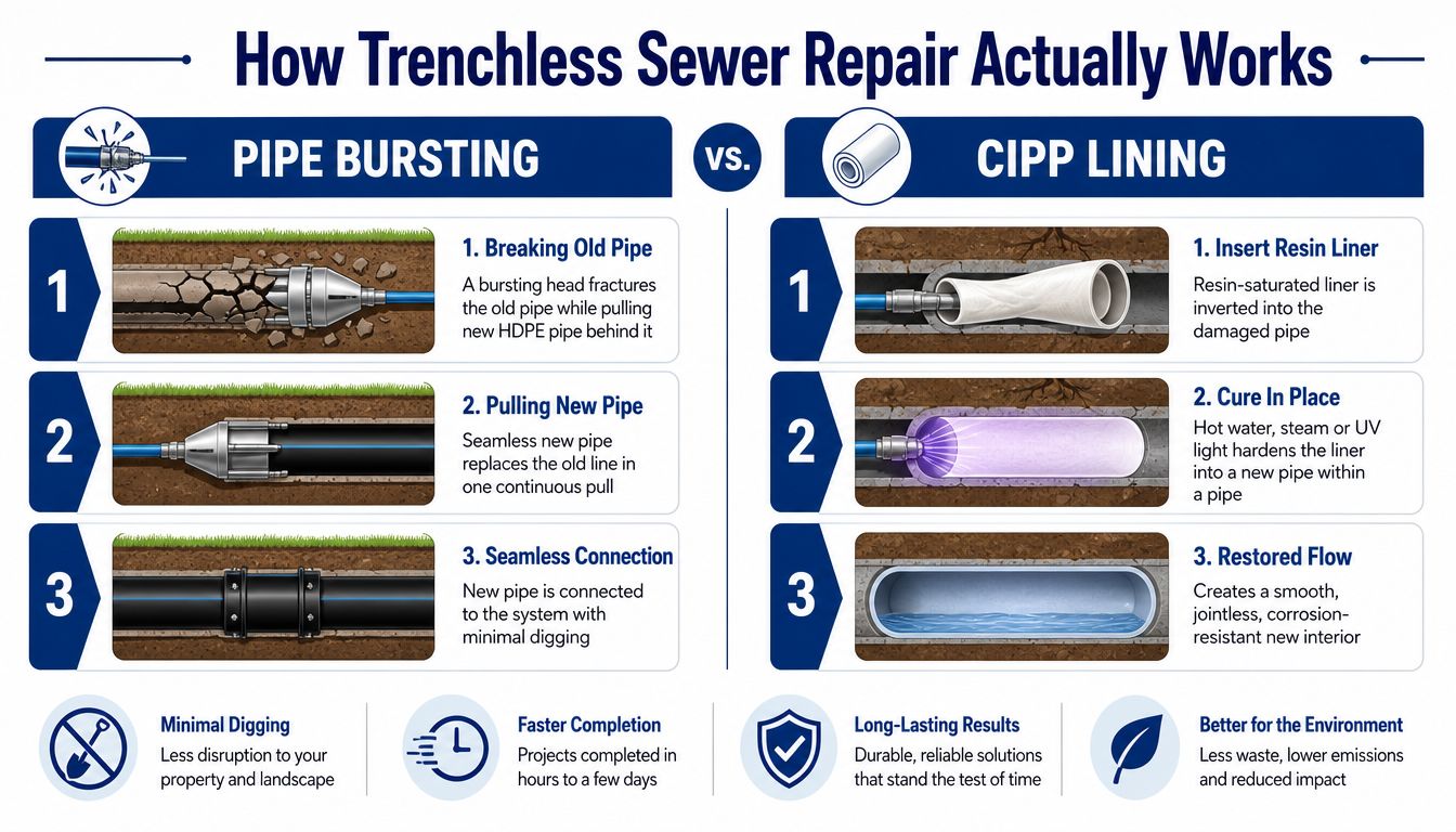 An infographic illustrating how trenchless sewer repair works using pipe bursting and CIPP lining methods.