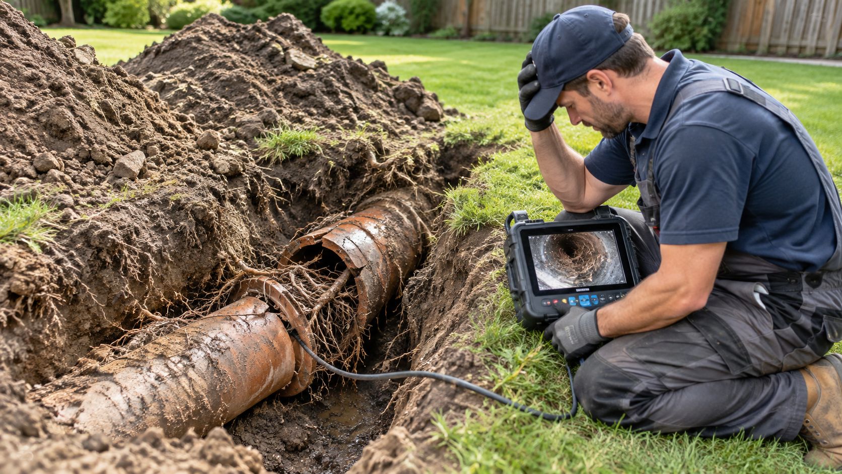A professional technician inspects a damaged sewer pipe with tree roots using an electronic camera display.