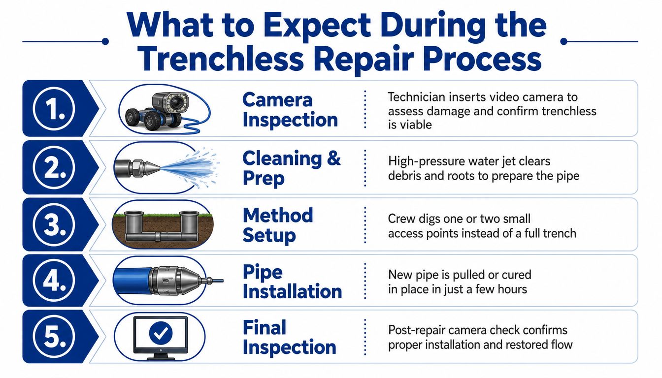 A five-step infographic detailing the trenchless sewer repair process from initial camera inspection to final inspection.