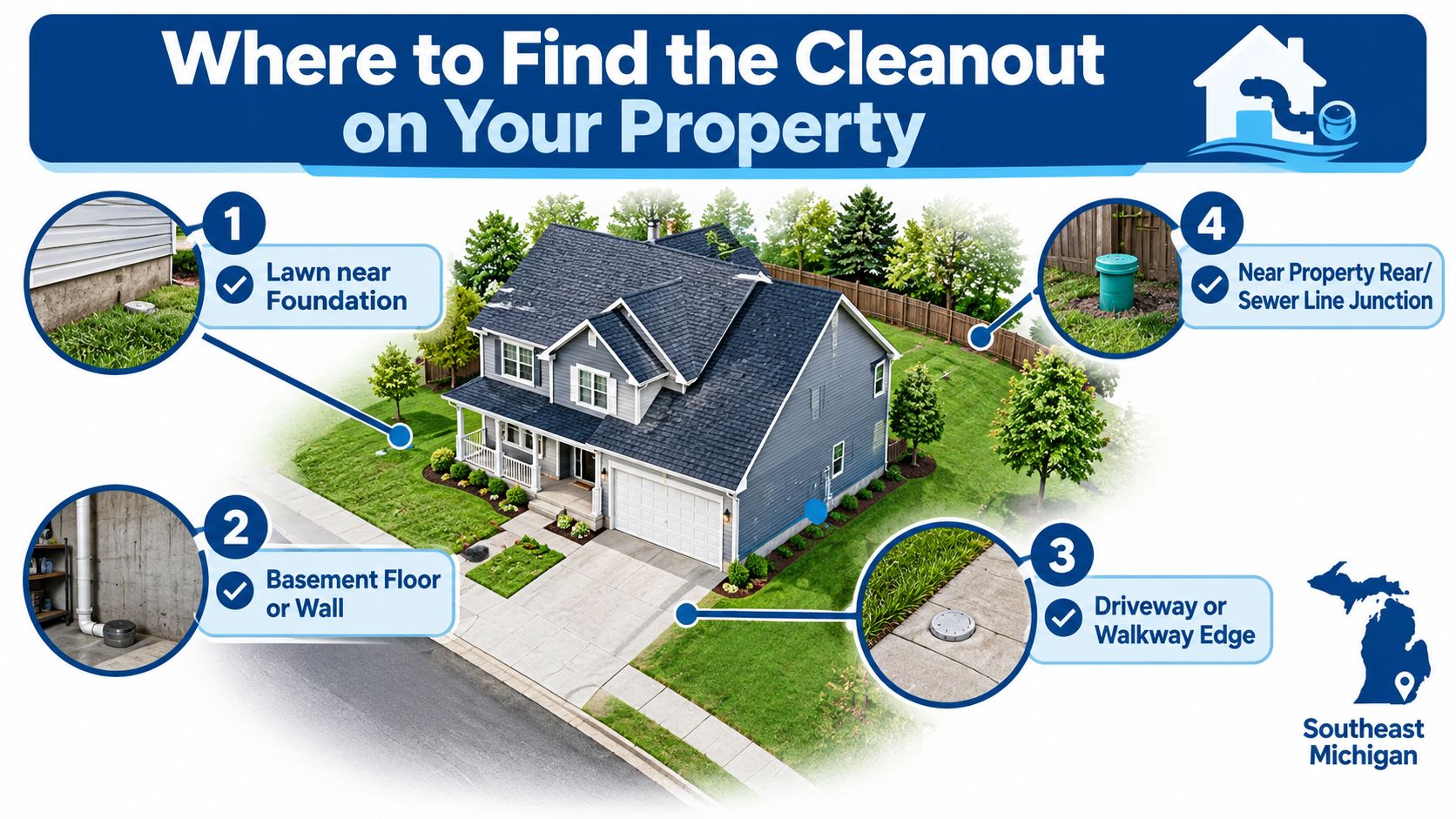 An infographic showing four common locations to find a sewer cleanout pipe on a residential property.