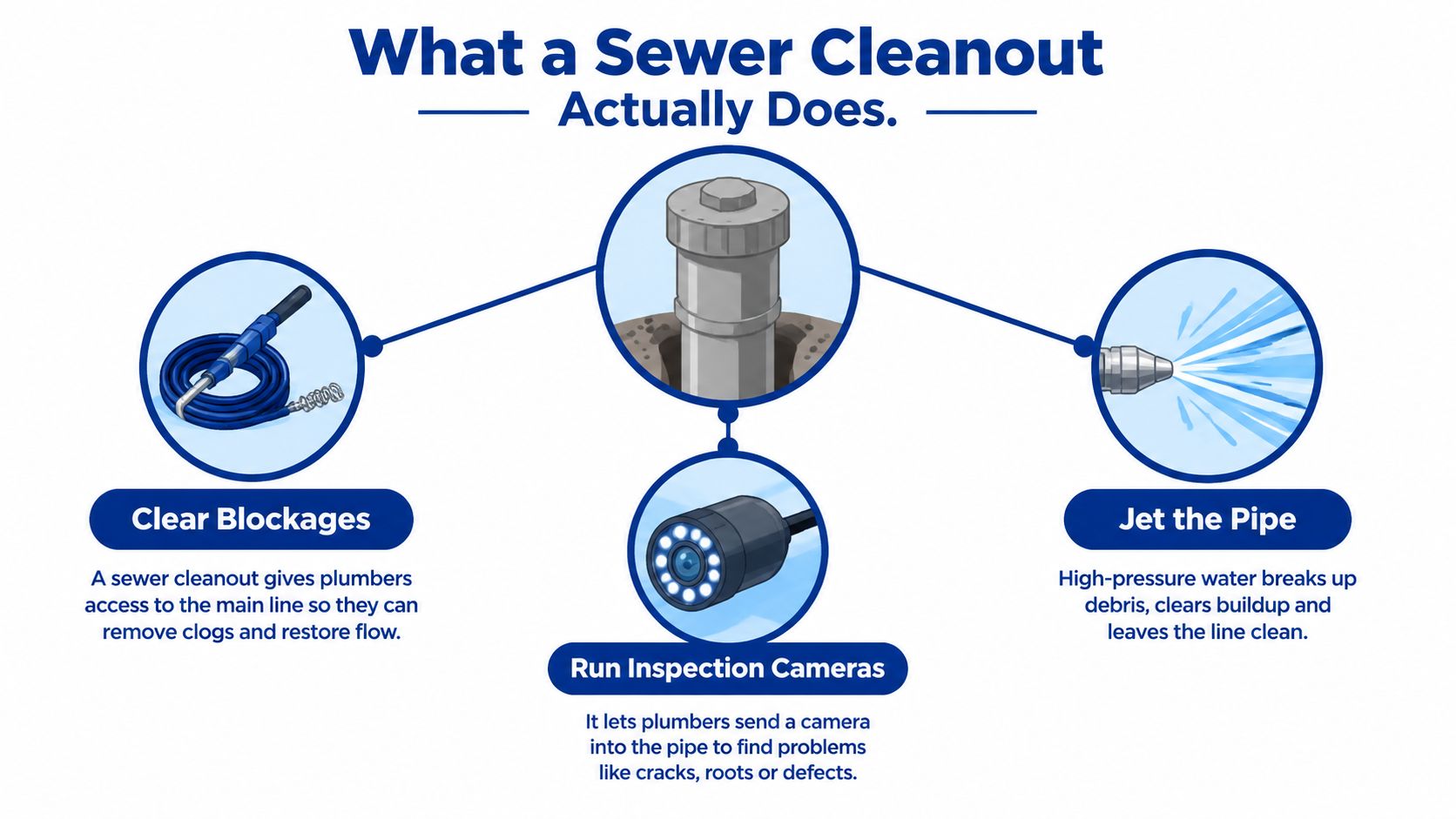 An infographic showing that a sewer cleanout allows plumbers to clear blockages, inspect pipes, and perform hydro-jetting.