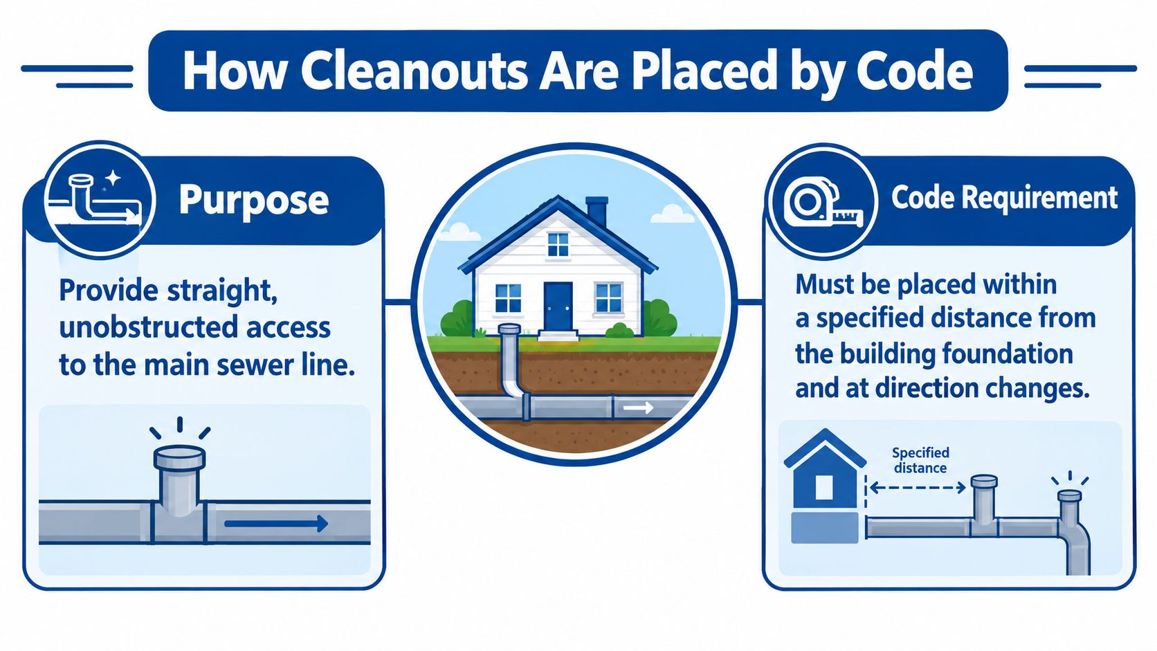 An infographic illustrating the purpose and code requirements for installing residential sewer cleanout access points.