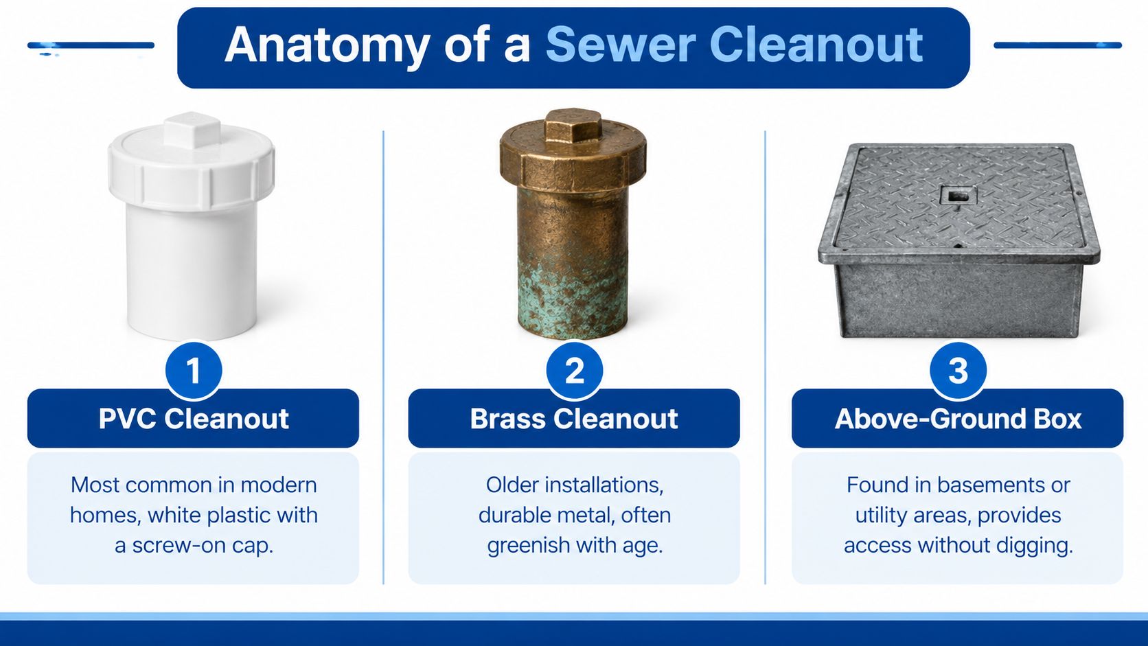 An educational diagram titled Anatomy of a Sewer Cleanout displaying three types: PVC, brass, and box.