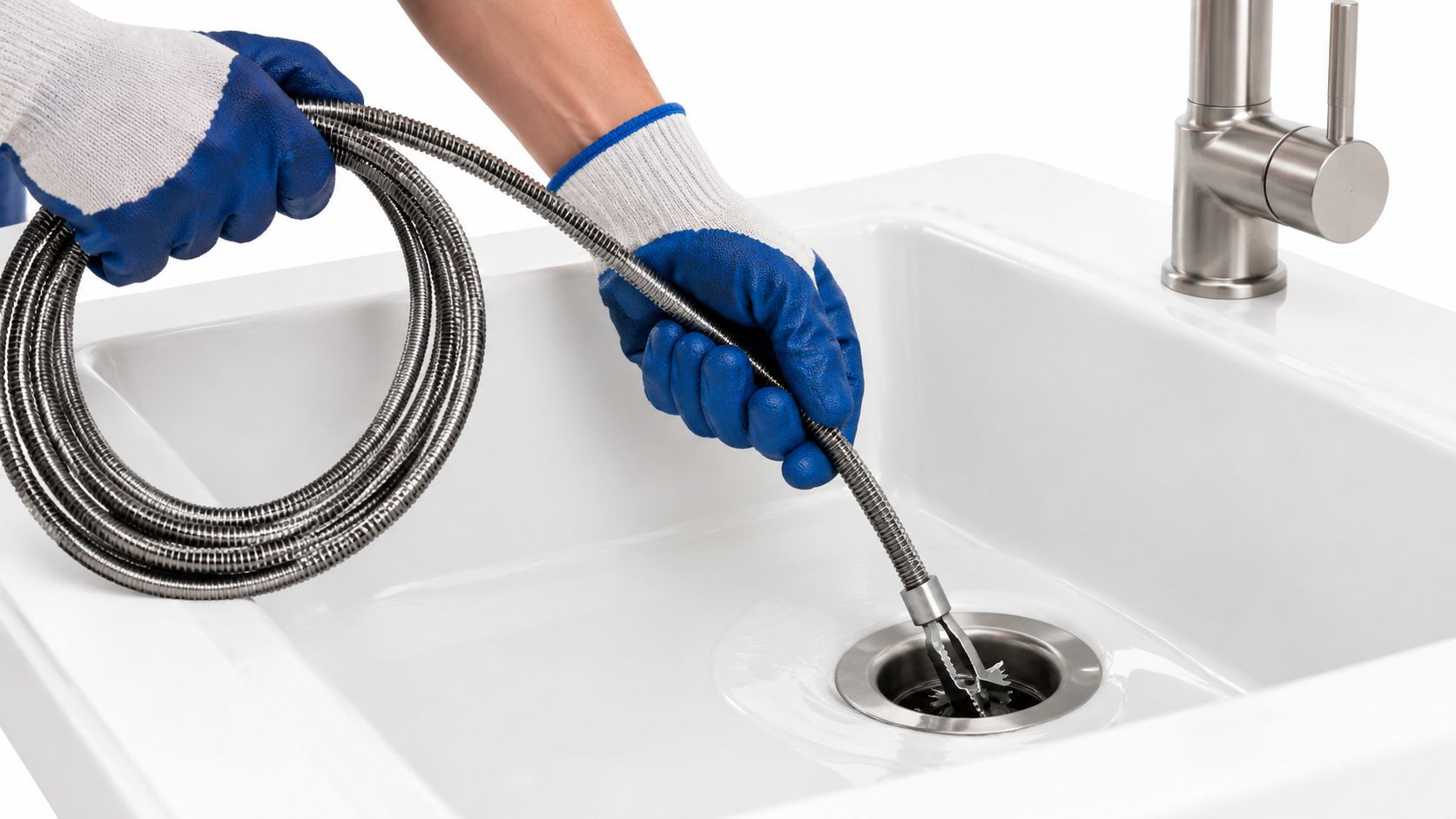 A professional plumber wearing blue gloves uses a flexible drain snake tool to unclog a kitchen sink.