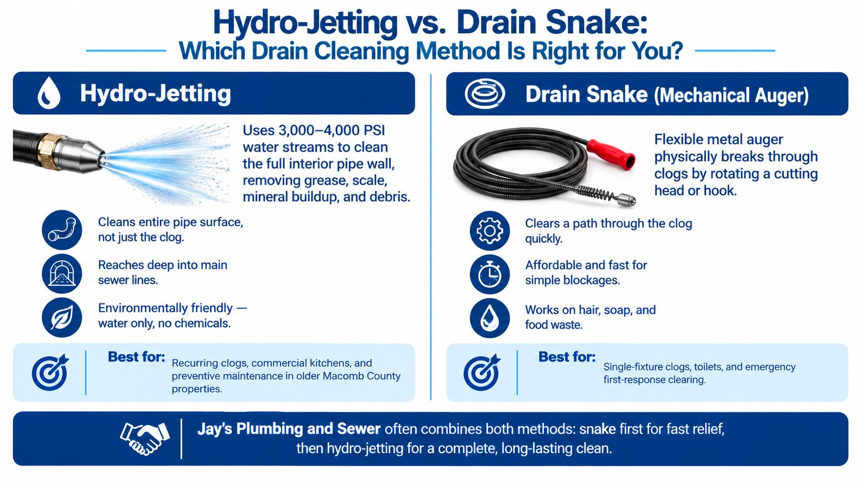 A comparison infographic between hydro-jetting and drain snakes, highlighting their benefits, uses, and ideal applications for plumbing.
