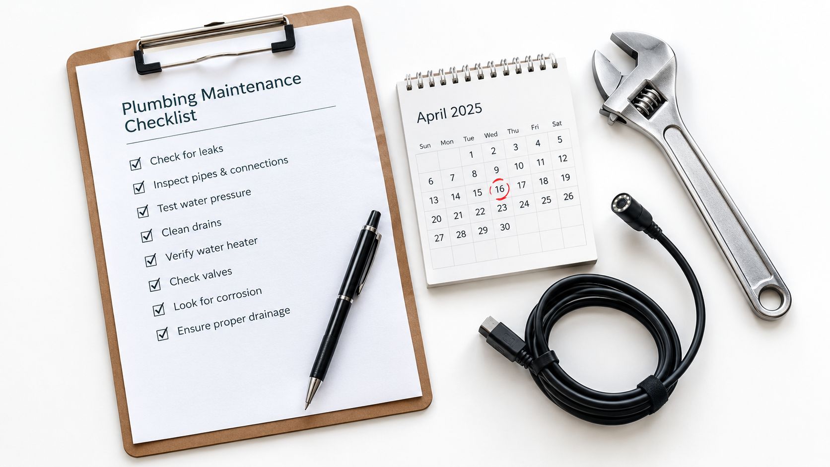 A plumbing maintenance checklist on a clipboard with a pen, calendar, and professional tools on a white background.