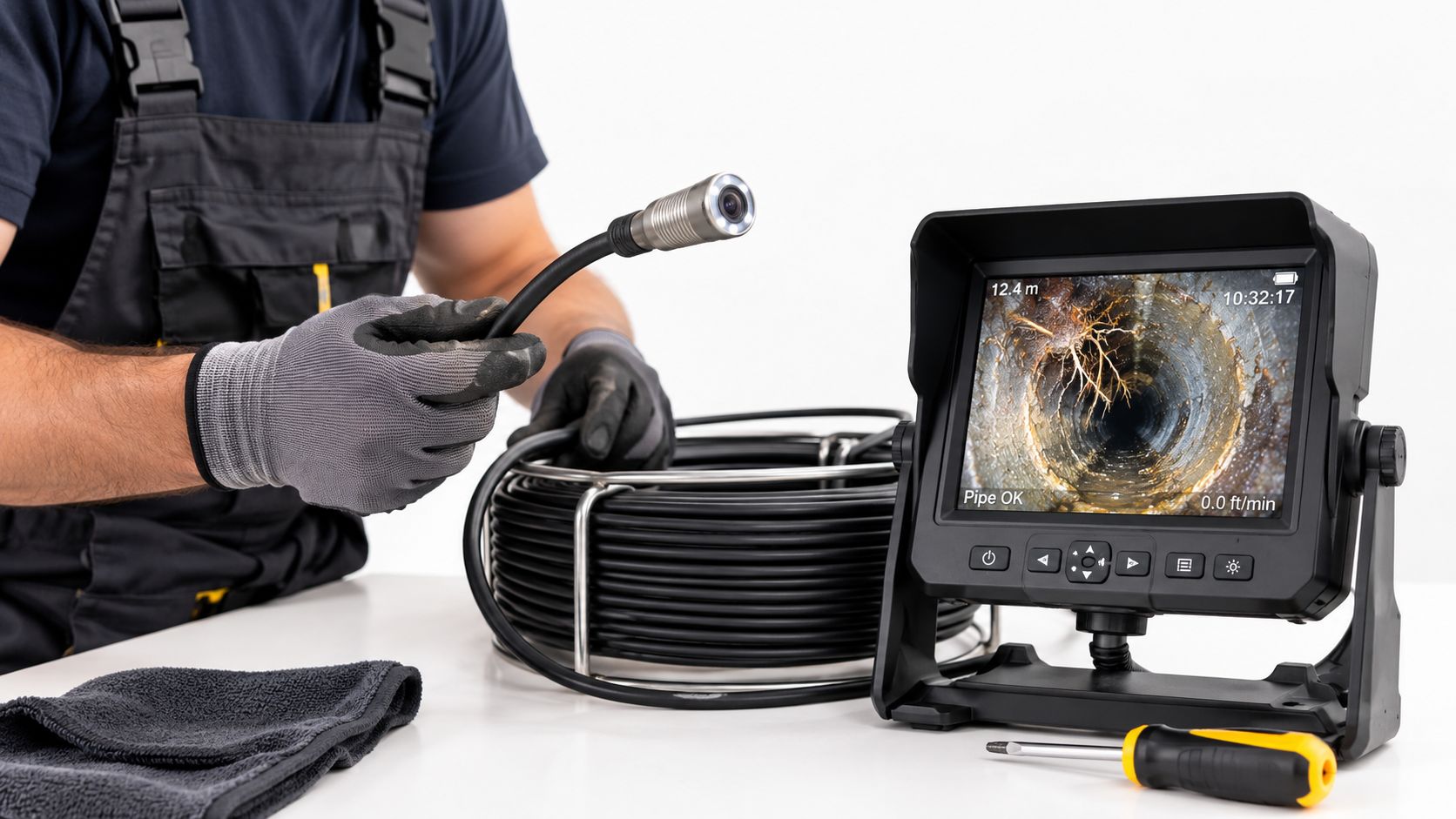 A professional technician holding a sewer inspection camera cable with a display monitor showing a pipe interior.
