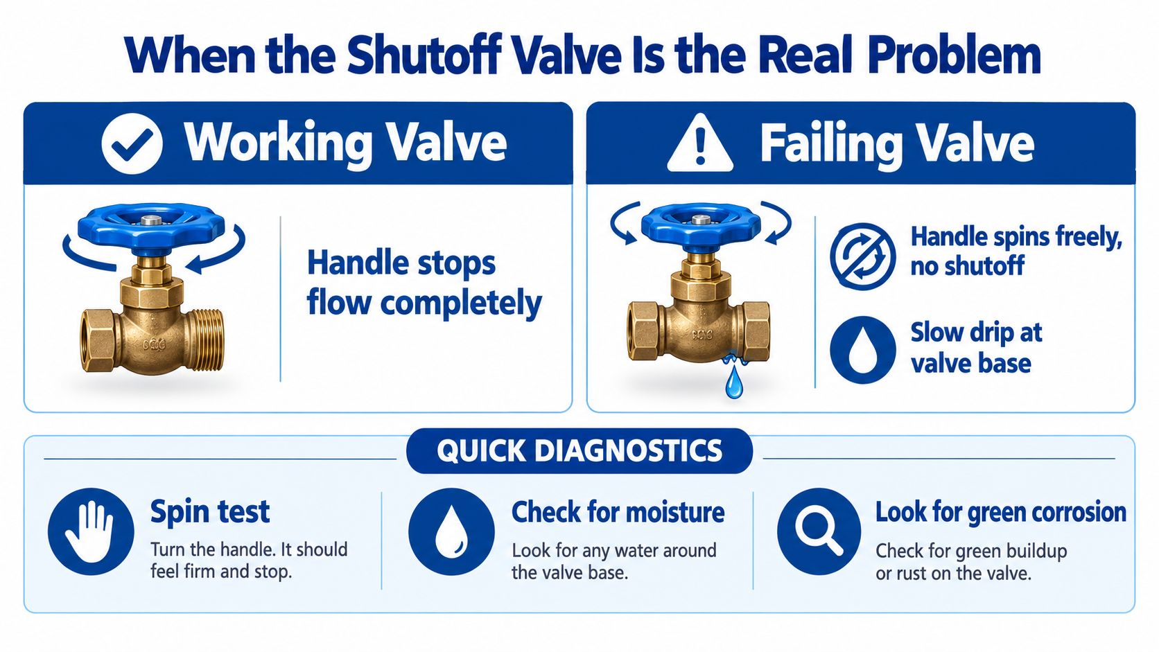 A diagnostic guide for identifying a failing shutoff valve versus a working one in plumbing systems.