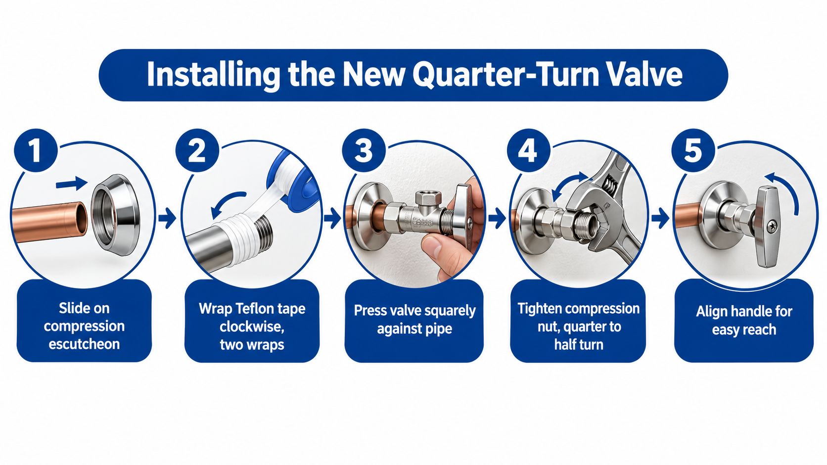 An infographic showing the five-step process for installing a new quarter-turn water supply valve on copper piping.