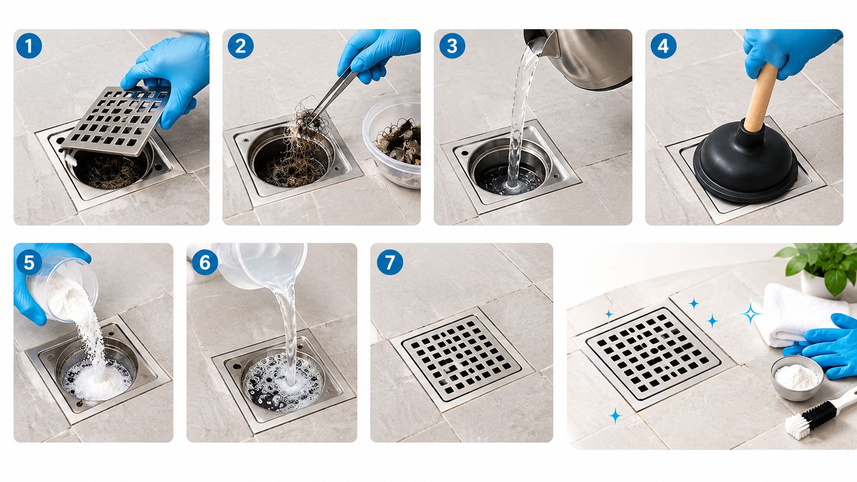 A seven-step tutorial demonstrating how to clean and unclog a residential floor drain using household tools.