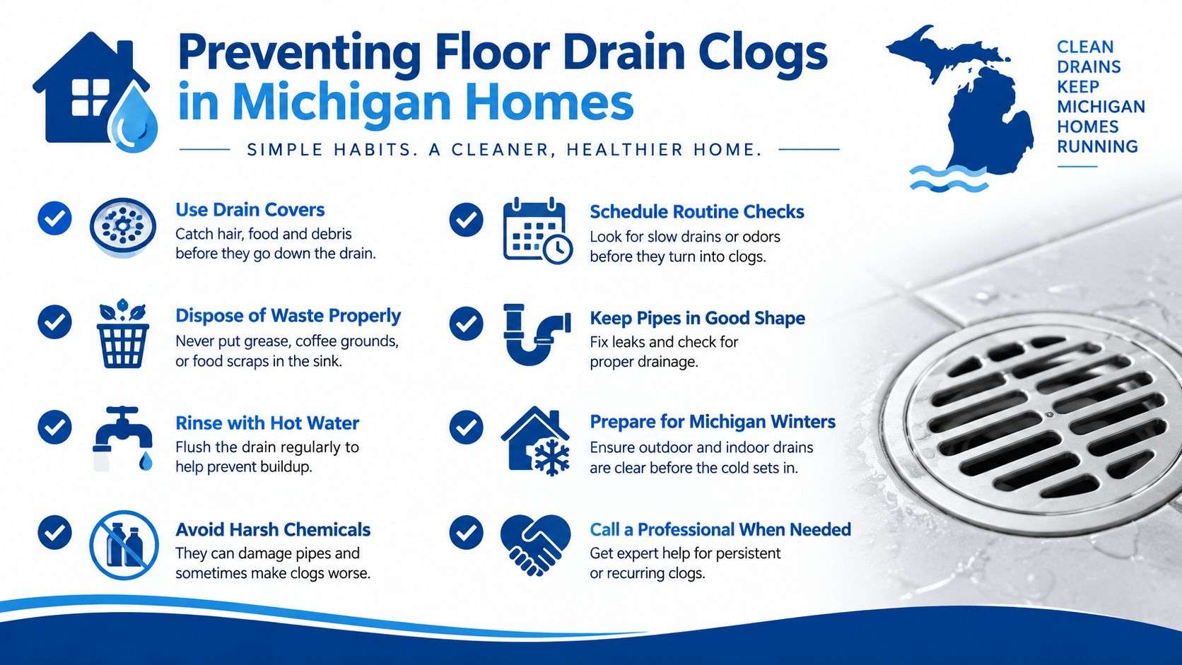 An infographic titled Preventing Floor Drain Clogs in Michigan Homes, listing eight tips to maintain clear drains.