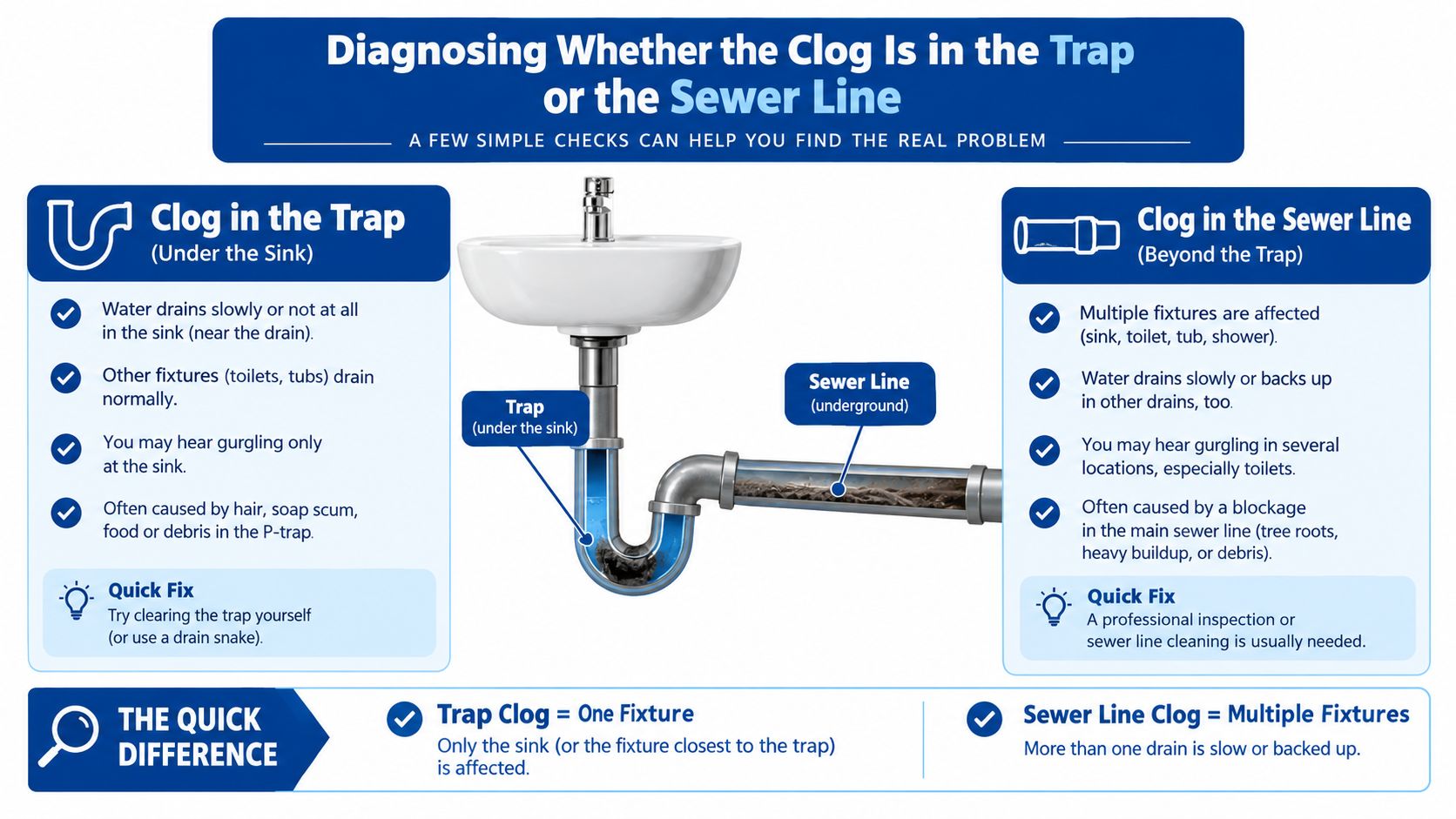A diagnostic infographic explaining how to identify if a plumbing clog is in the trap or sewer line.