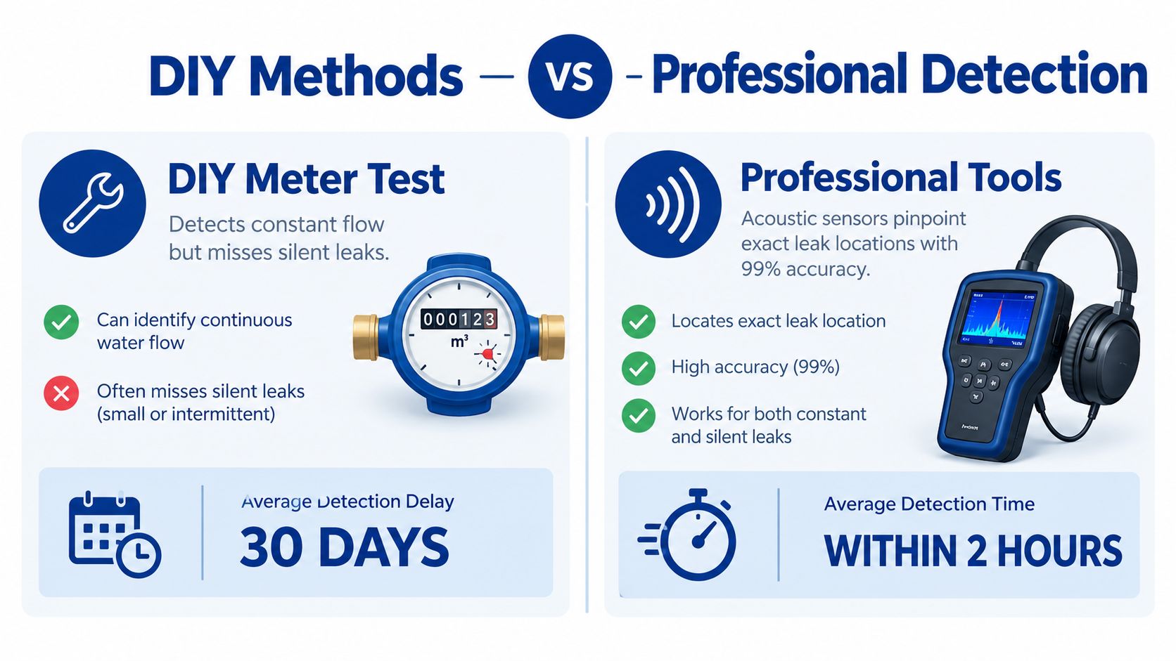 A comparison infographic between DIY meter tests and professional acoustic leak detection tools for water leaks.