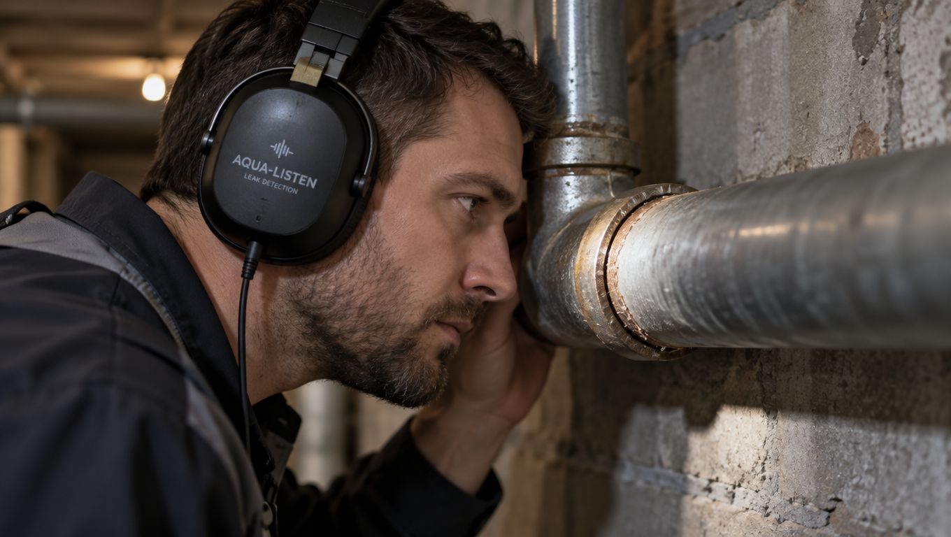 A professional plumber using professional audio equipment to detect a potential slab leak in a metal pipe.