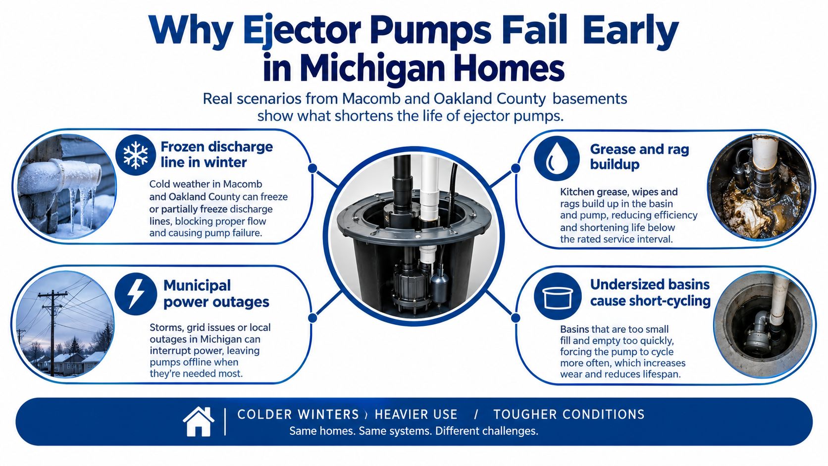 An infographic detailing four primary reasons for ejector pump failures in Michigan residential basement systems.
