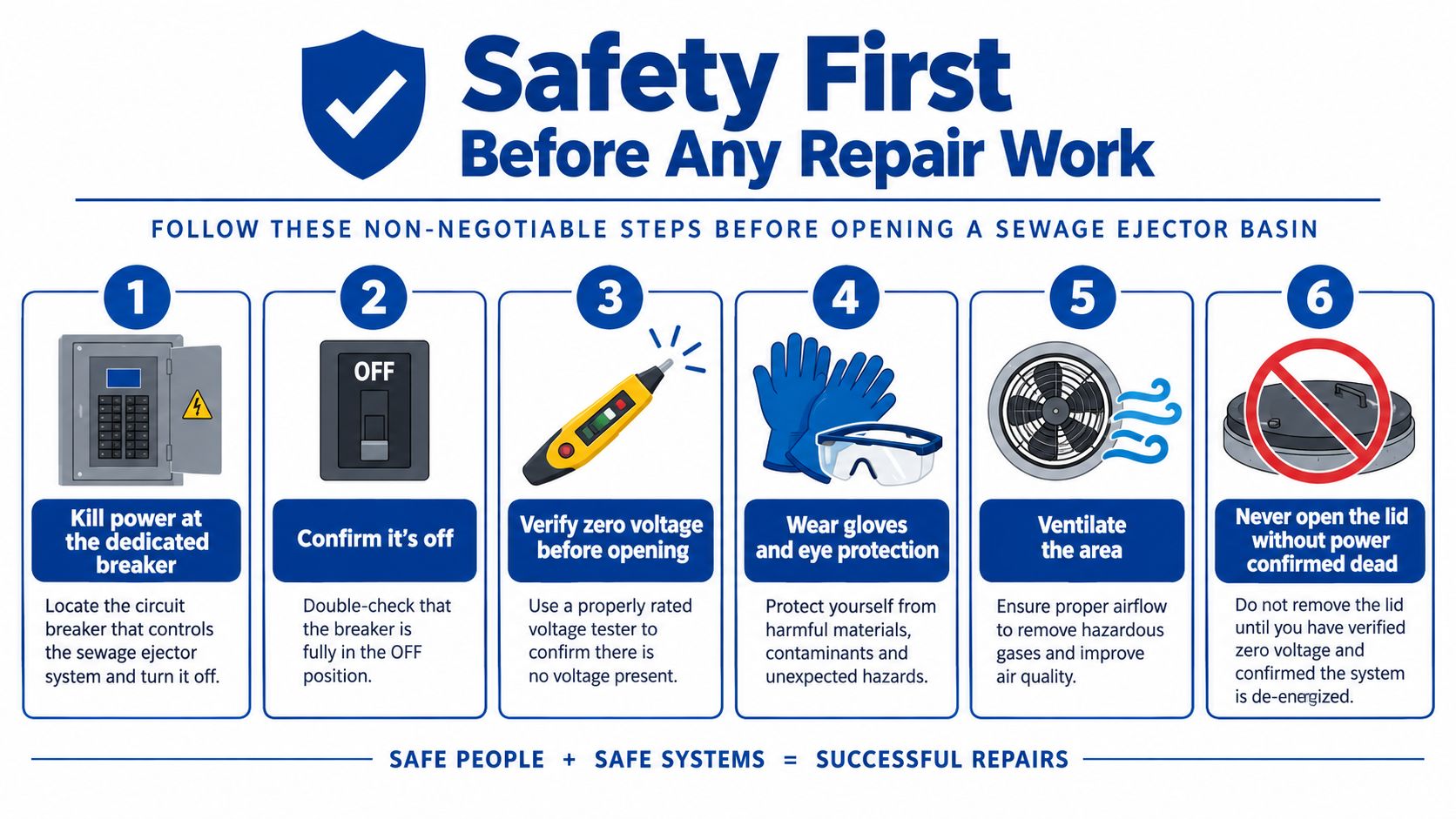 A safety infographic illustrating six essential steps to take before performing repairs on a sewage ejector basin.