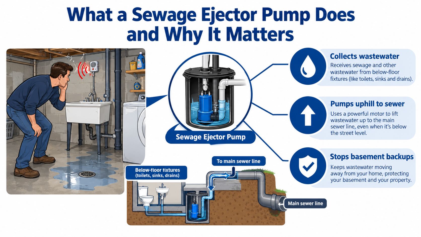 A diagram explaining how a sewage ejector pump works, showing its role in managing basement wastewater.