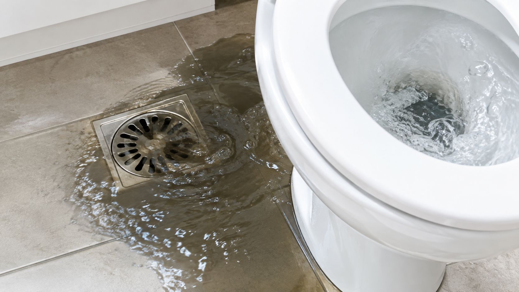 A bathroom floor drain overflowing with dark, unsanitary water next to a white porcelain toilet bowl.