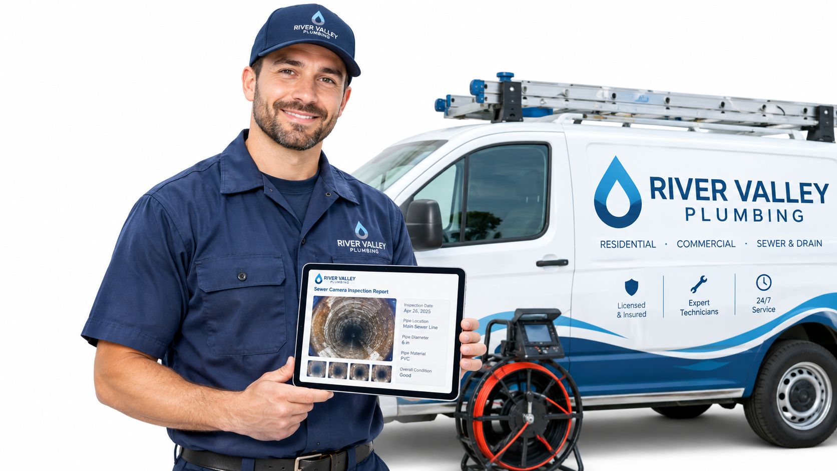 A professional plumber from River Valley Plumbing holding a tablet showing a sewer camera inspection report.