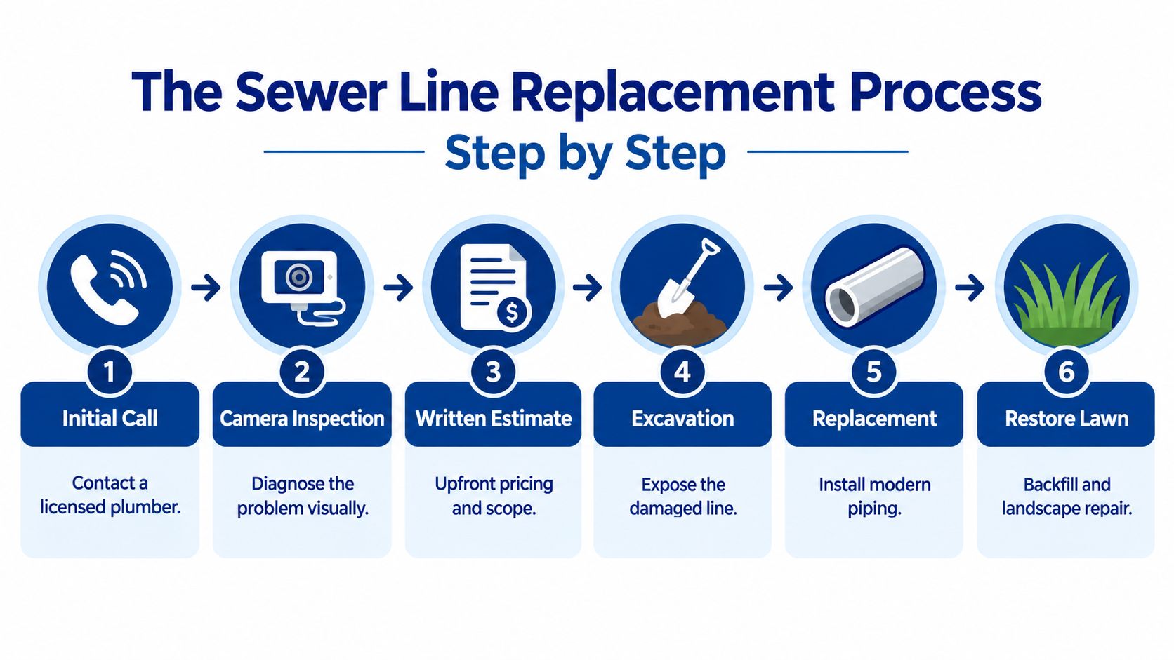 A step-by-step infographic illustrating the professional sewer line replacement process from initial call to lawn restoration.