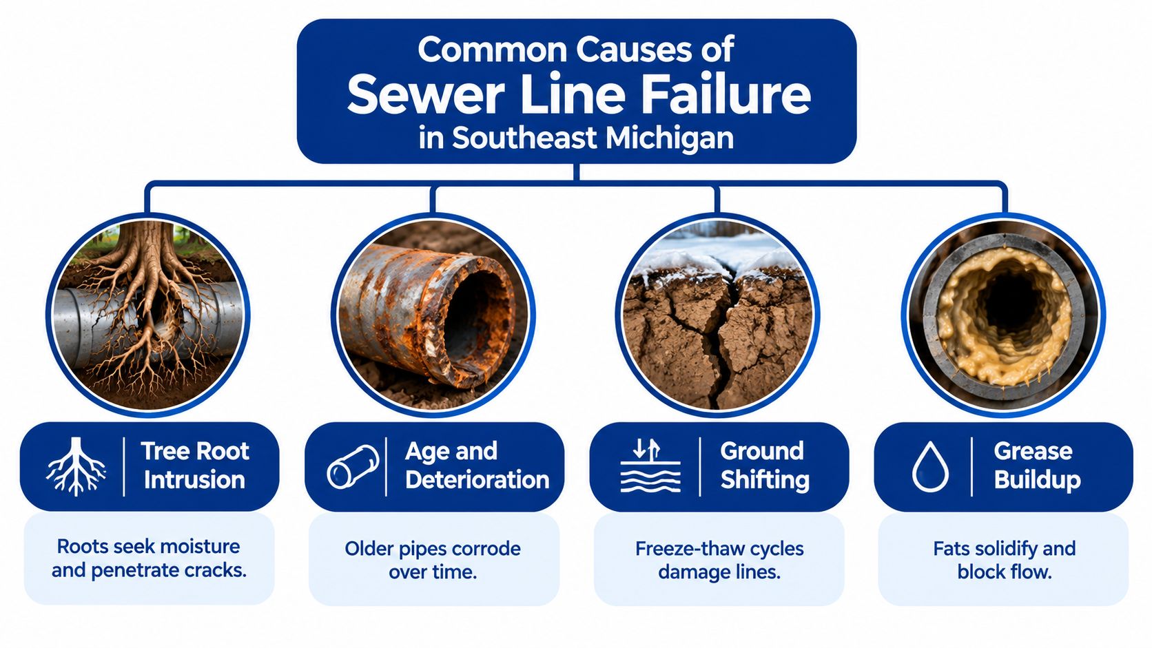 An infographic showing four common causes of sewer line failure including roots, aging, shifting, and grease.