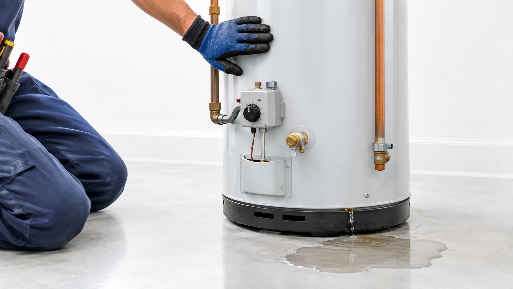 A plumber examining a leaking water heater tank on a clean concrete floor in a room.