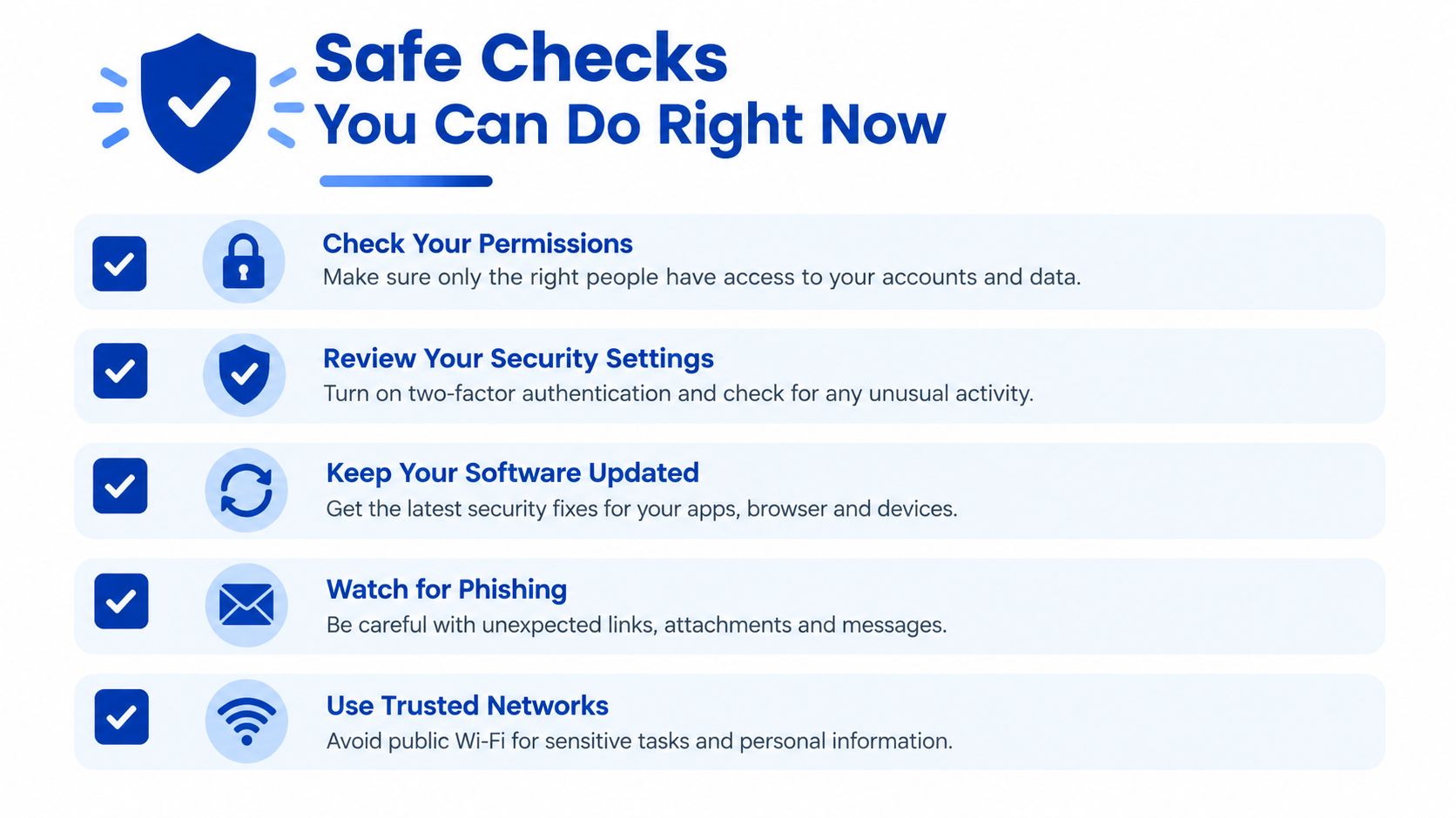 A safety checklist infographic titled Safe Checks You Can Do Right Now for improved digital security.