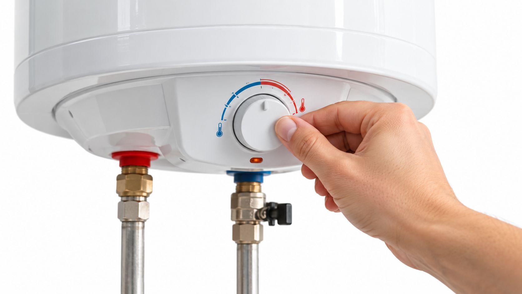 A hand adjusting the temperature dial on a white electric water heater unit.