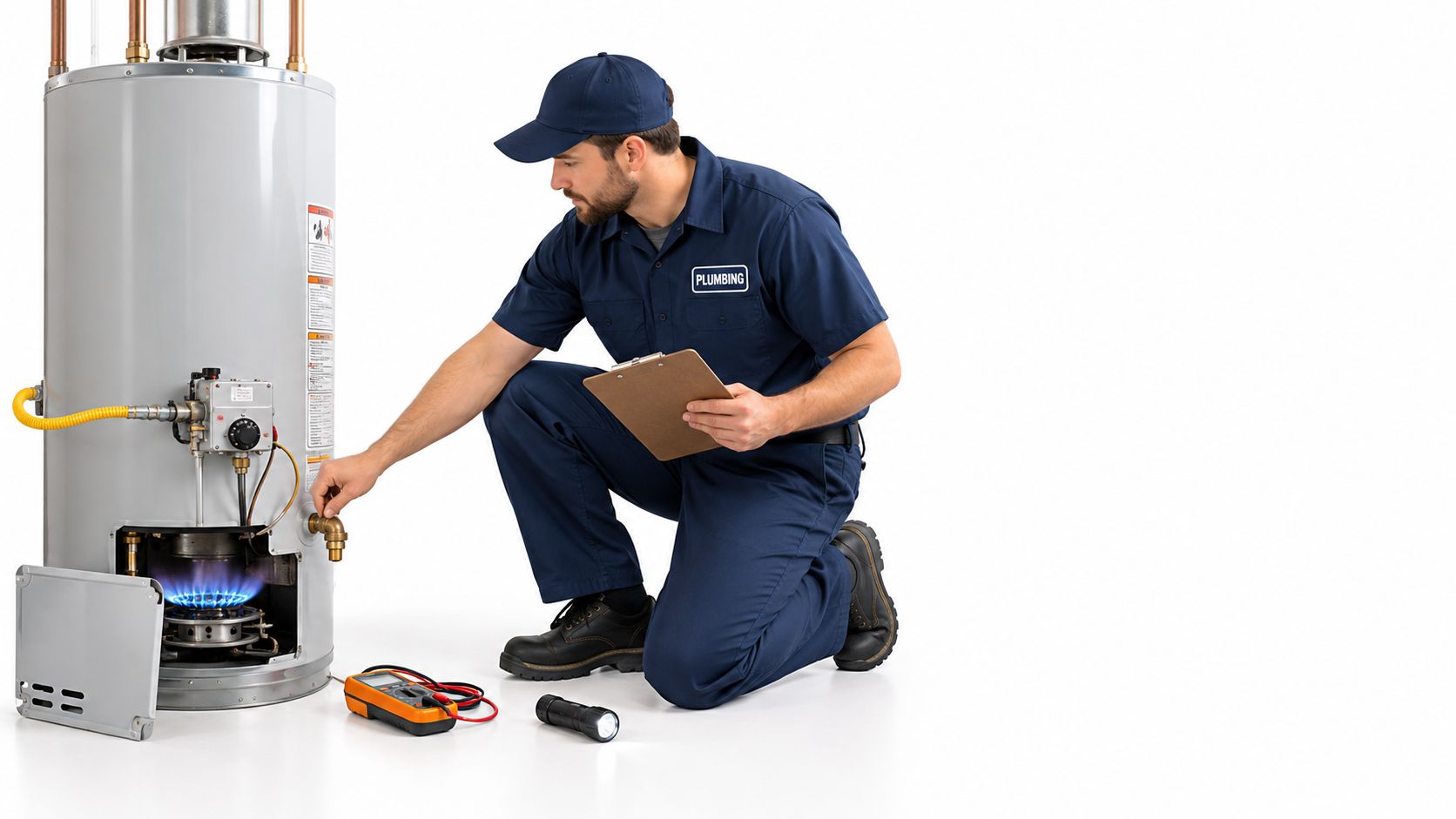 A professional plumber in a navy uniform inspecting a gas water heater with a clipboard and multimeter.