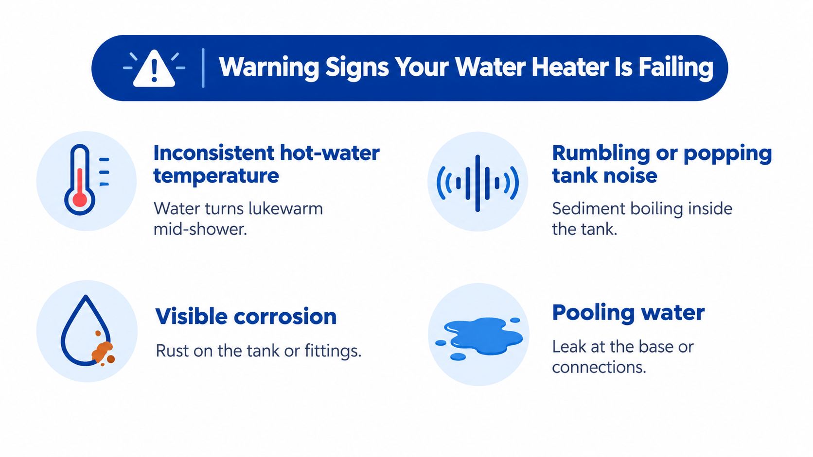 An infographic illustrating four common warning signs indicating that a residential water heater is failing.